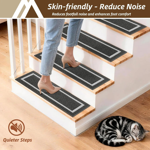 Woman walking on Soft Stair Treads Non Slip Carpet Mats 28 Inch By 9 Inch Indoor Stair Runners for wooden steps with sleeping cat nearby