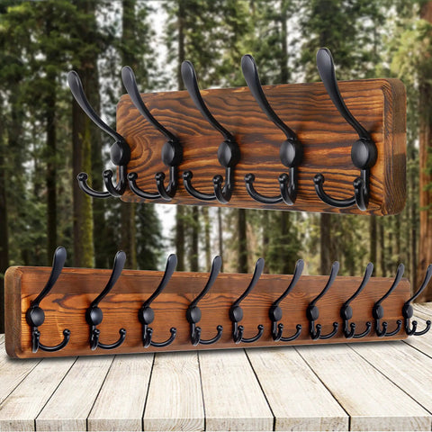 Rustic Wall Mounted Coat Rack With 16 Inch Stud Spacing Pine Real Wood Plank 5 Triple Hooks against forest backdrop