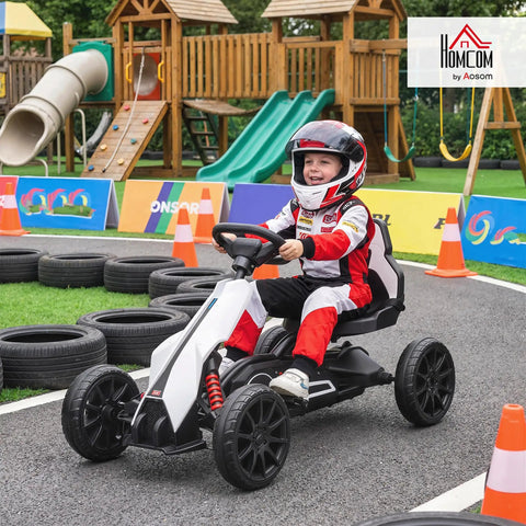 Child riding 12V Electric Go Kart For Kids With Forward And Backward Drive, Adjustable Speed, Smooth All Terrain EVA Wheels, White