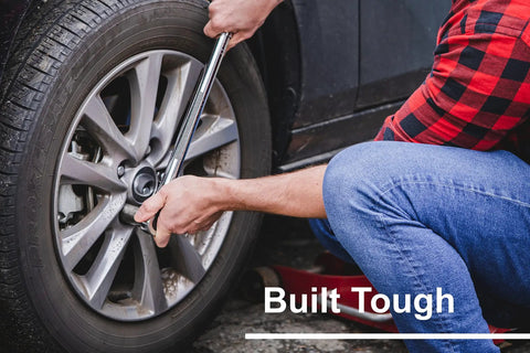 Three Eighths Inch Drive Dual Direction Click Torque Wrench, 5-80 Ft-Lb Range, used on car wheel for tightening