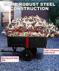 Beefy Heavy Duty Steel Dump Cart With 15 Cubic Feet Capacity loaded with firewood, showing reinforced side rib and thickened side panel.