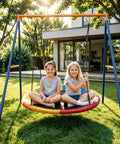 Two kids on Heavy Duty A Frame Swing Stand With Ground Stakes For Saucer And Web Swings Extra Large Full Steel Frame 440 Lb Capacity