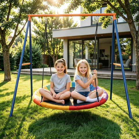 Two kids on Heavy Duty A Frame Swing Stand With Ground Stakes For Saucer And Web Swings Extra Large Full Steel Frame 440 Lb Capacity
