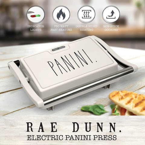 Panini Maker 750W 2 Slice Grill with indicator lights, nonstick surface, cream finish, shown closed with power features displayed on table.