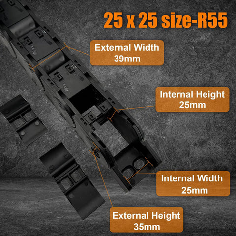 25 By 25 Mm Inner Height By Width R55 Enclosed Drag Chain Cable Carrier Track Wire Protection Chain Connector, sizes labeled