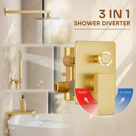 Top Tier Brushed Gold Shower System Features A Ten Inch Rain Showerhead And Tub Spout Cast From Solid Brass With Absolutely Zero Plastic Tubes For Rust Proof Bathroom Setup That Runs Slick Every Time