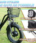 Ride-Ready Electric Bicycle Light Kit With Turn Signals shown on bike, with close-ups on LED headlight, plastic housing, and steel bracket.