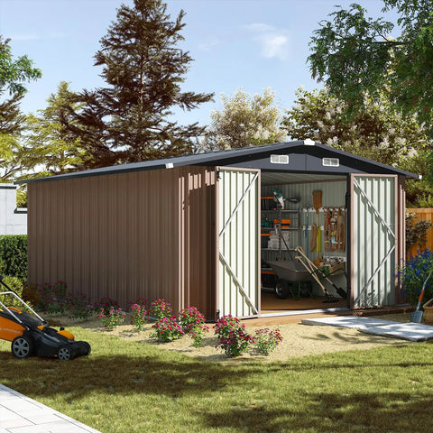 10x12 Foot Outdoor Metal Storage Shed With Double Hinged Door And Lockable Access Sloped Roof Weatherproof Backyard Garden Storage