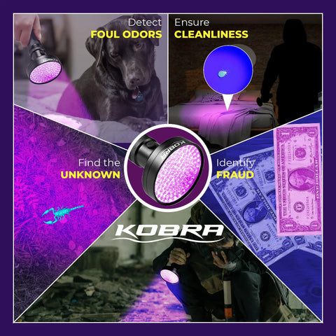 UV Black Light Flashlight 395nm With 100 LEDs 18W Portable UV Inspection Tool showing pet stains, counterfeit money detection and bed bugs