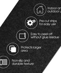 Illustration detailing features of Non Slip Carpet Stair Treads Set Of 14 Black 6x30 With Pre Applied Adhesive for indoor and outdoor use.