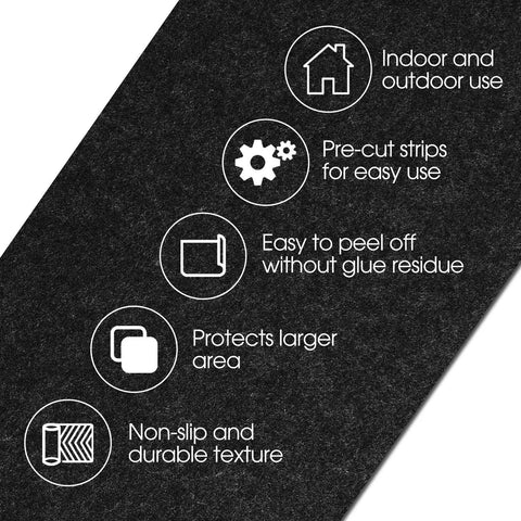 Illustration detailing features of Non Slip Carpet Stair Treads Set Of 14 Black 6x30 With Pre Applied Adhesive for indoor and outdoor use.