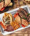 Sausages and grilled meats on 50 Pack Half Size Aluminum Pans Disposable Cookie Sheets Nonstick Baking Trays Foil Pans Shallow Sheet Pans 12.7 By 7.9 Inches Great For Baking Catering Parties Easy Cleanup.