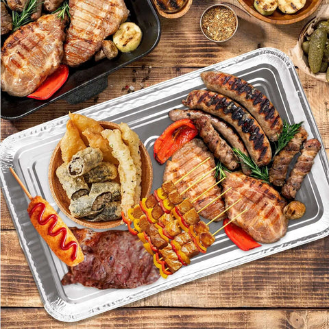 Sausages and grilled meats on 50 Pack Half Size Aluminum Pans Disposable Cookie Sheets Nonstick Baking Trays Foil Pans Shallow Sheet Pans 12.7 By 7.9 Inches Great For Baking Catering Parties Easy Cleanup.