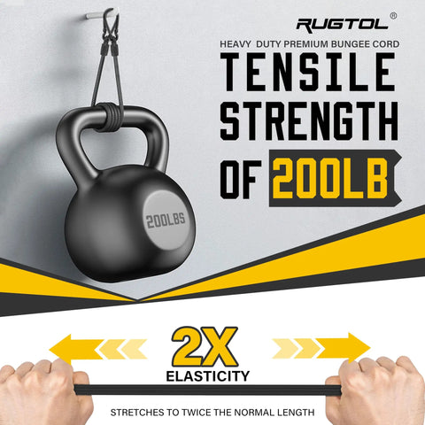 Image displays Six Piece Heavy Duty Bungee Cords With Carabiners Set holding a 200lb weight, showcasing tensile strength and elasticity.