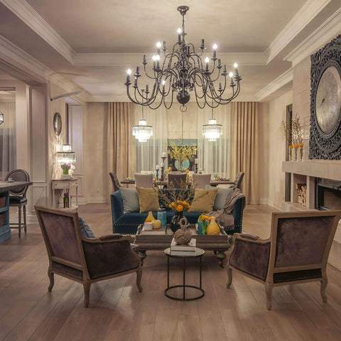 Elegant living room with chandelier using 24 Pack Dimmable 5.5W Clear LED C11 Light Bulbs 3000K Soft White Dope Candelabra Base