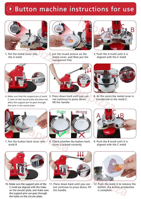 Top Tier Button Maker Machine For Making Dope Badges Slick Badge Press Kit With Three Sizes 300 Pins And Heavy Cutter For Legit Craft Work instruction steps for button assembly.