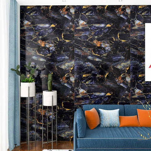 Living room scene with Navy Marble Peel And Stick Countertop Paper 30x236 Self Adhesive Vinyl Wallpaper Waterproof Glossy Finish on walls.