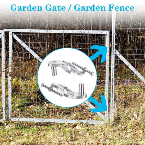 Built Tough T-Post Gate Hinge Kit 1-3/8 In, 2 Pack shown on garden fence with detailed view of hinges.