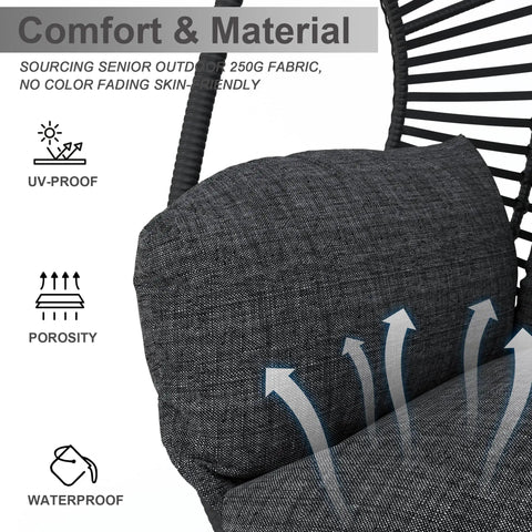 Close-up of Cozy Hanging Egg Chair With Stand For Indoor And Outdoor Living, showing UV resistant and waterproof cushions material.