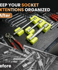 Magnetic Socket Extension Organizer With Modular Holders For Quarter, Three Eighths, And Half Inch Drives, Magnetic Base Garage Tool Organizer That Keeps Sockets Neatly In Place And Ready For Quick Grab, shown with tools organized on surface