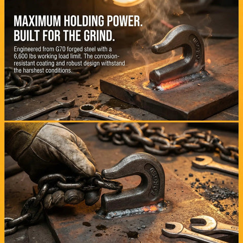 Four Pack Three Eighths Inch Weld-On Grab Chain Hooks G70 Heavy Duty Tow Lifting 6600 lb being welded onto metal surface