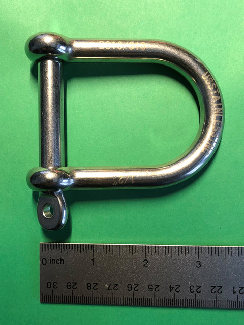316 Stainless Wide D Shackle Half Inch Marine Grade Not For Overhead Lifting Corrosion Resistant Boat Dock Rigging Hardware Stamped 316 Size For Sailboats Yachts Kayaks And Anchors next to ruler showing size