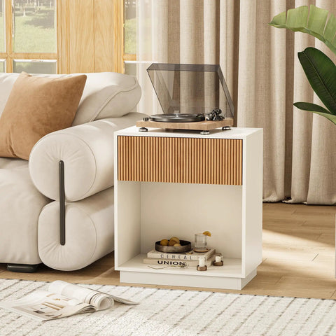 Fluted Nightstands Set Of 2 Dope Modern Bedside Tables With Drawer And Storage Shelf White Oak Finish For Bedroom Living Room Office Mid Century Vibe Collection beside a sofa with decor items.