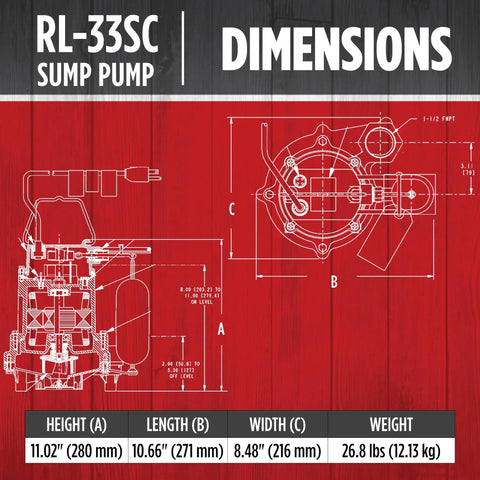 Dimensions illustration of One Third HP Submersible Sump Pump With Snap Action Float Switch, 115 Volt, Cast Iron Body, CSA Listed