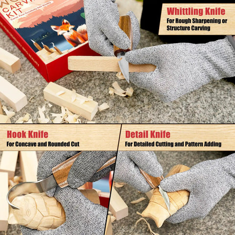 Beginner Friendly Wood Carving Set With 17 Tools Includes 3 Whittling Knives, 9 Basswood Blocks, Safety Gloves, Leather Strop Block