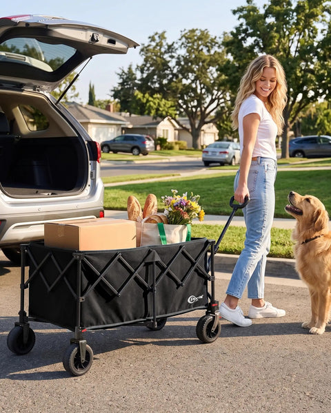 Person using Collapsible Utility Wagon With Big Wheels, 300L Extra Large Foldable Cart For Beach Camping Sports And Garden, Compact Storage Black