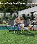 Double Outdoor Hammock With Stand For Patio Backyard And Beach, Heavy Duty Steel Frame, Portable Foldable Design, Stable Balance Rope