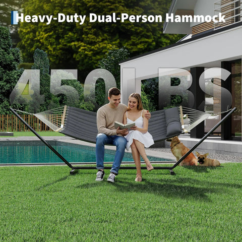 Double Outdoor Hammock With Stand For Patio Backyard And Beach, Heavy Duty Steel Frame, Portable Foldable Design, Stable Balance Rope