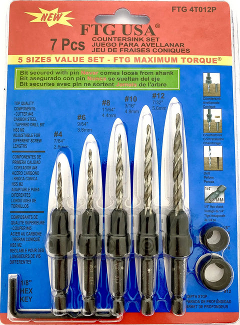 Adjustable Wood Countersink Drill Bit Set For Precise Woodworking, 5 Piece With 1/4 Inch Hex Shank, Sizes 4, 6, 8, 10, 12