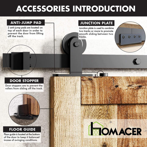 Black Rustic Sliding Barn Door Hardware Kit For Two Doors With 7ft Flat Track And T Shape Rollers Heavy Duty For Interior And Exterior Use Non Bypass Design, showing door stopper, anti-jump pad, and junction plate accessories introduction.