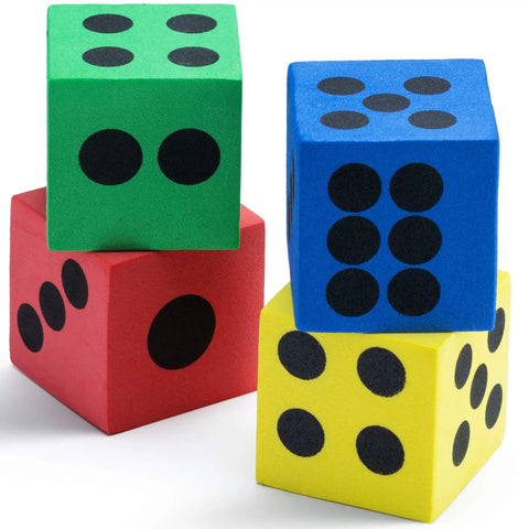 Bulk Pack Of 36 1.5 Inch Foam Dice In Assorted Colors For Kids And Classrooms stacked dice showing number dots in green, red, blue, yellow.