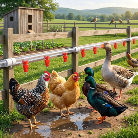 Game Dropping Drip Free Chicken Water Nipples 100 Pack Automatic Poultry Drinkers with chickens and ducks at a watering system.