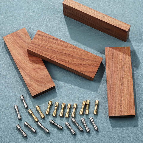20 Sets Brass And Stainless Steel Bracket Bolt Fasteners With Four Ironwood Knife Handle Scales And 6 mm Knife Handle Pins on display