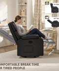 Woman reading on Comfy 360 Swivel Recliner Chair With Rocker For Adults, Adjustable Backrest And Footrest, Soft PU Leather