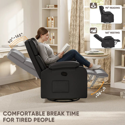 Woman reading on Comfy 360 Swivel Recliner Chair With Rocker For Adults, Adjustable Backrest And Footrest, Soft PU Leather