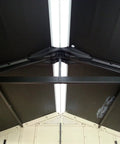 Interior roof view of Factor 6x3 Outdoor Storage Shed Kit showing resin construction and steel reinforcement in taupe and brown.
