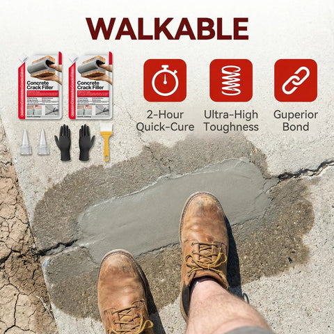 Walkable concrete with Two Pack 2.2 Pound Grey Concrete Crack Filler Self Leveling Sealant for driveways. Includes gloves and tool.