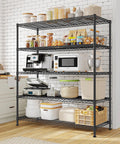 Rock Solid Heavy Duty 5 Tier Wire Shelving Rack 45 Inches Wide Adjustable Storage Organizer Carrying Up To 1000 Pounds Matte Black in kitchen setup with appliances and containers.