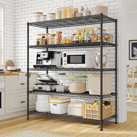Rock Solid Heavy Duty 5 Tier Wire Shelving Rack 45 Inches Wide Adjustable Storage Organizer Carrying Up To 1000 Pounds Matte Black in kitchen setup with appliances and containers.