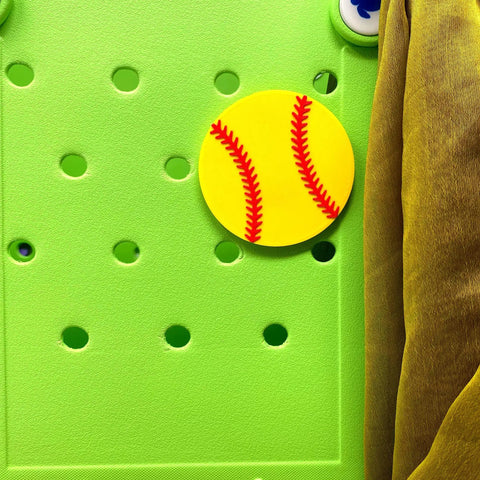 Softball Ball Tote Bag Charm With Team Spirit on green bag, easy clip on accessory, perfect for Bogg Bags, made in USA