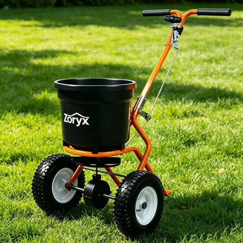 Heavy Duty Walk Behind Broadcast Spreader For Fertilizer Seed And Salt With Anti Clog Hopper Rain Cover 50 Pound Capacity