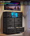 Modern Black Dresser For Bedroom With Built In Charging Station And Bright Led Lights Ten Drawer Storage Cabinet showcasing LED strip lighting.