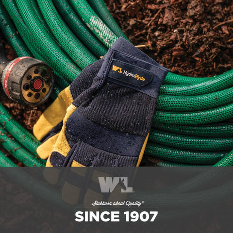 Heavy Duty Leather Palm Work Gloves For Men With HydraHyde Water Resistant Leather And Flexible Spandex Back All Day Comfort Adjustable Closure Ideal For Construction Landscaping And Diy Projects Blue Large resting on green garden hose.