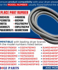 Upgraded Dryer Door Seal W10906683 Replacement Gasket image showing compatibility numbers and leading dryer brands list.