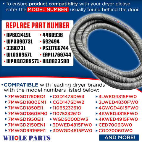 Upgraded Dryer Door Seal W10906683 Replacement Gasket image showing compatibility numbers and leading dryer brands list.