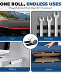 Rock Solid Heavy Duty Hook And Loop Tape Black Self Adhesive Fastener Strips used in car, garage, office, and home for securing items.